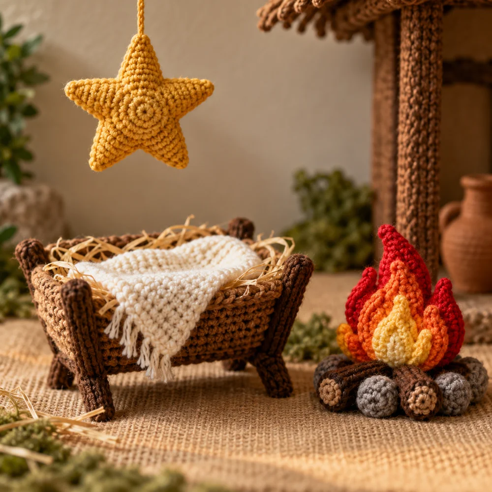 Escenario del pesebre con estrella y fogata